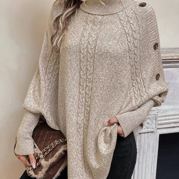 Apricot Casual Women's Turtleneck Batwing Sleeve Button Detail Cable Knit Poncho - Picture 4 of 7